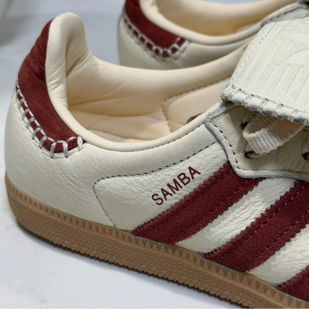 adidas Samba Sneakers Cream with Burgundy Stripes and Gum Sole - Picture 4 of 9